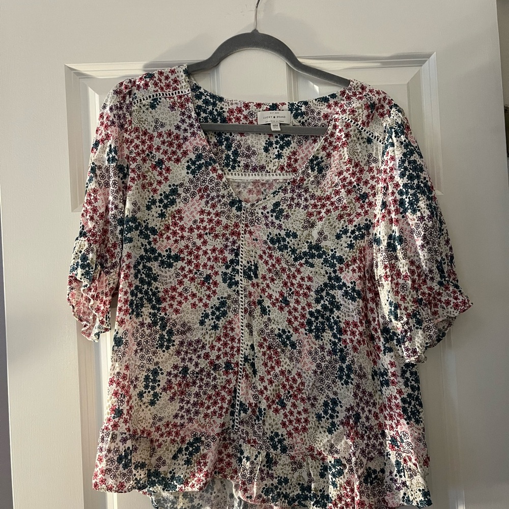 Lucky Brand Pink and Black Ruffled Blouse